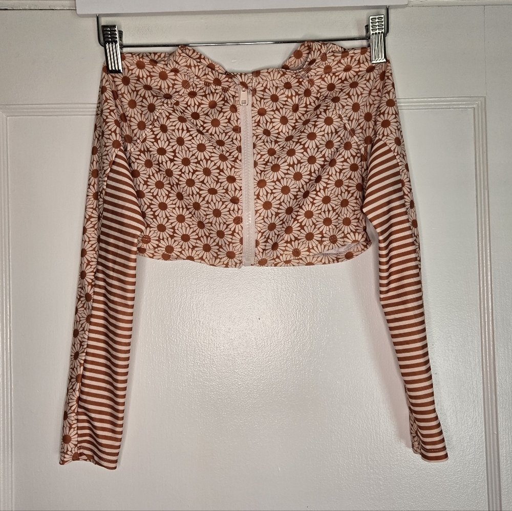 70's Style Daisy & Stripped Rashguard - Kids M (7-8) - Burnt Orange & Cream
